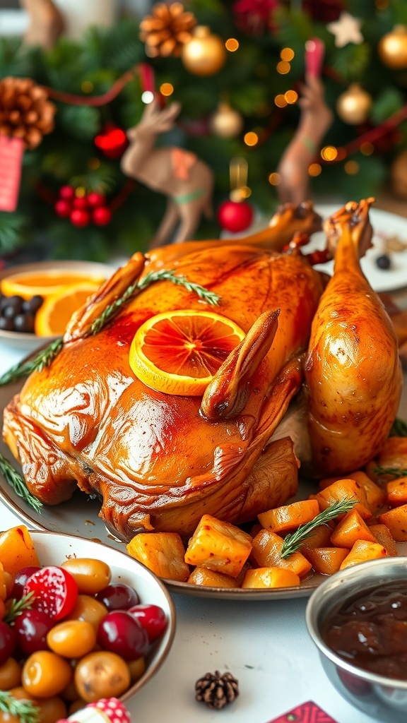 A roasted duck with orange glaze on a festive Christmas table, garnished with herbs and surrounded by side dishes.